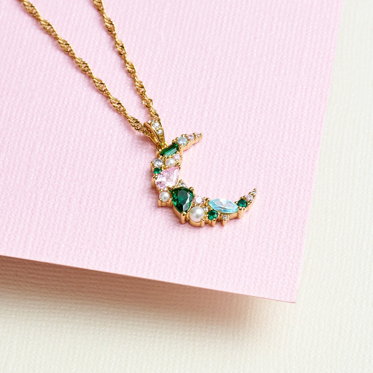 Celeste Cluster Moon Pendant Necklace Blush Pink, Emerald Green & Gold