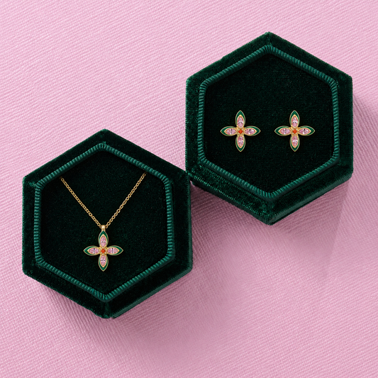 Lucky clover earrings and necklace gift set with hand-painted green enamel and lab-grown cubic zirconia in gold-plated silver and brass