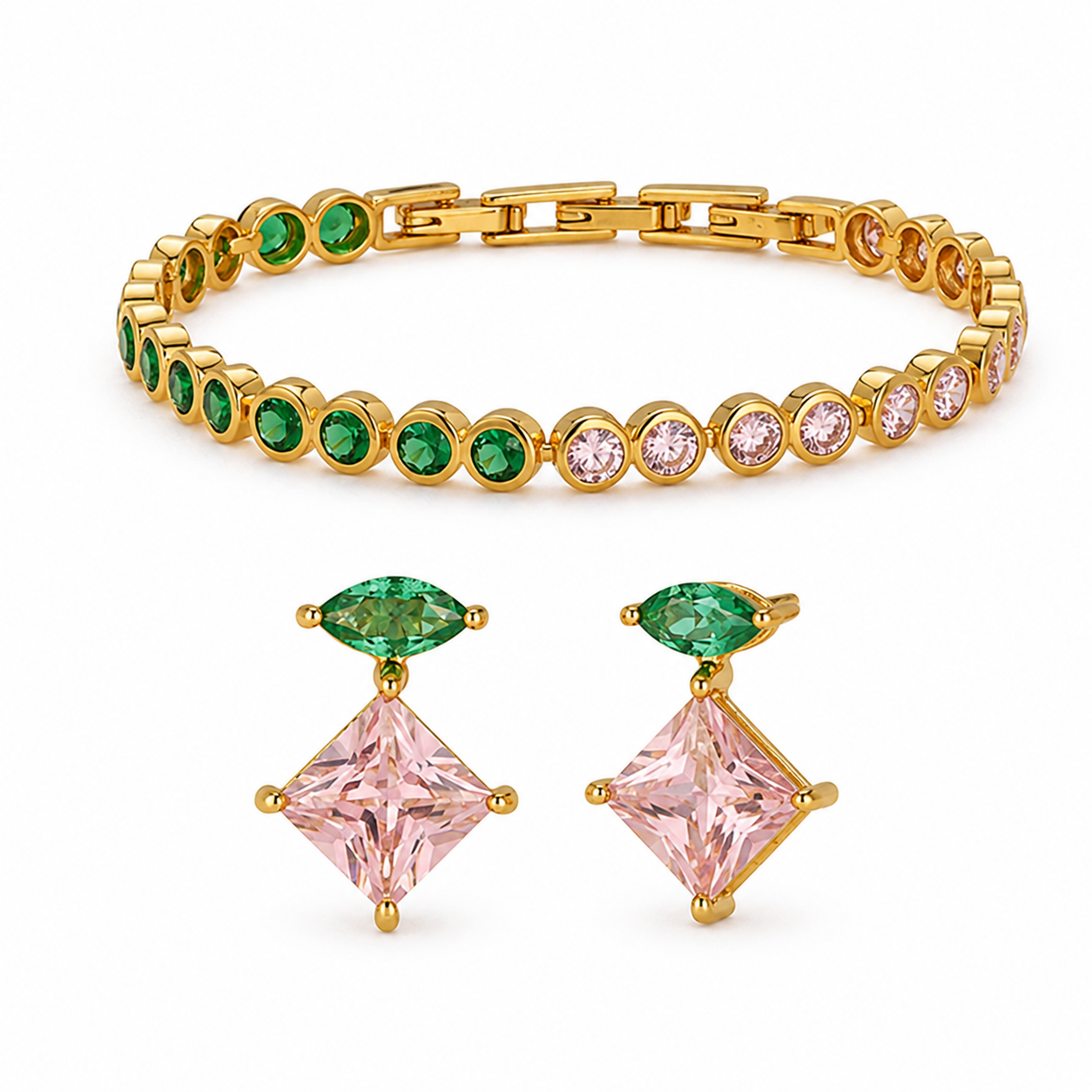 Curated Classics Set featuring Esme emerald green and blush pink stud earrings with Dotty tennis bracelet in 18k gold plating