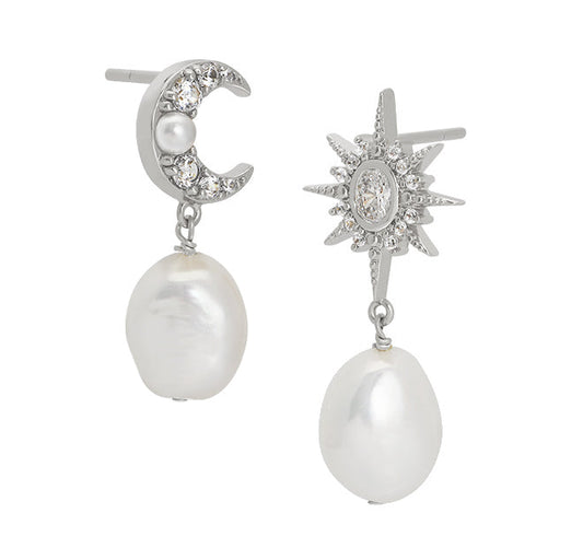 Silver moon and star stud earrings with baroque pearl and cubic zirconia accents