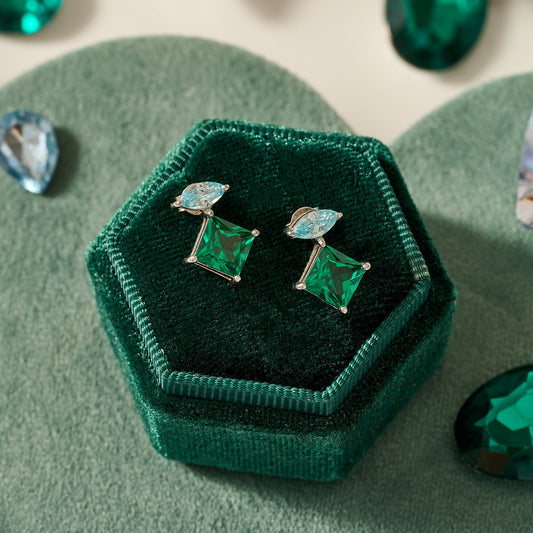 Esme Stud Earrings, Aquamarine, Emerald Green & Silver