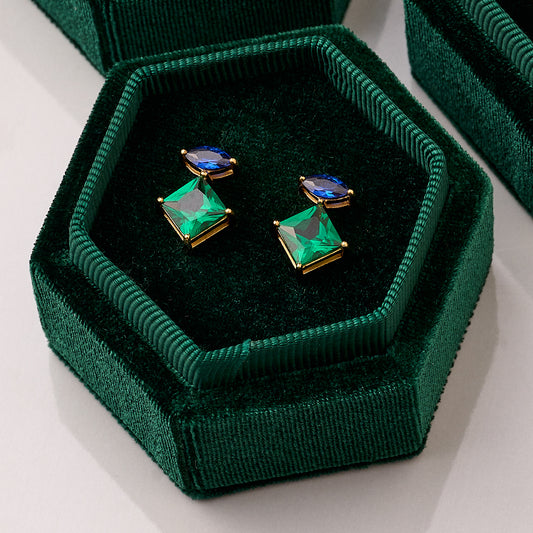 Esme Stud Earrings, Sapphire Blue, Emerald Green & Gold