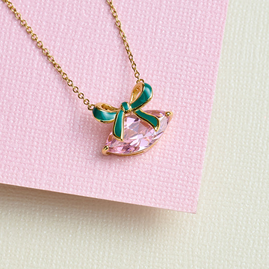 Amelia Bow Necklace, Emerald Green, Blush Pink & Gold