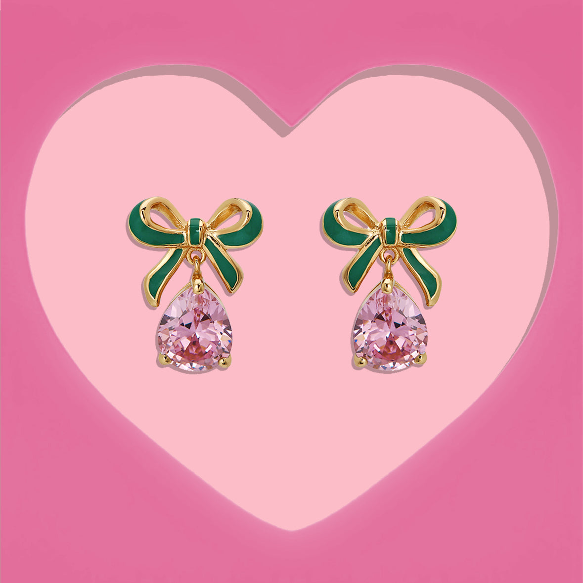 Amelia Bow Earrings Emerald, Blush Pink & Gold