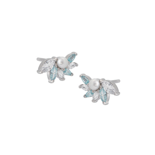 Isla Pearl Fan Stud Earrings, Aquamarine & Silver
