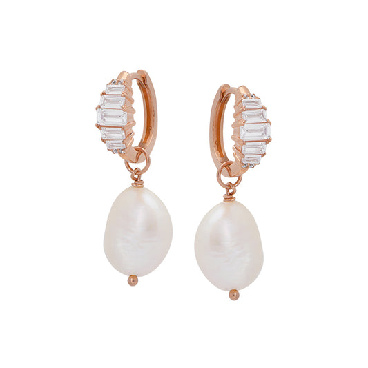 Isla Art Deco Hoop Earrings, Baroque Pearl & Rose Gold