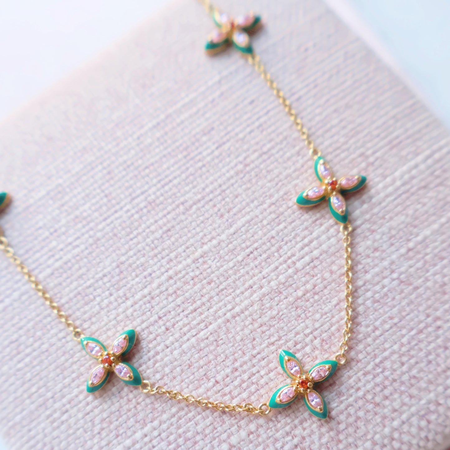 Lucky Clover Choker Necklace Emerald Enamel, Blush Pink & Gold