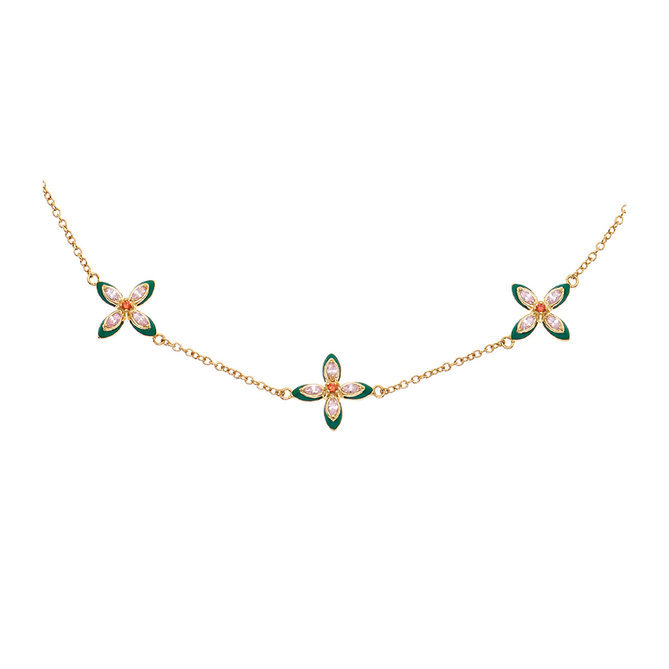 Lucky Clover Choker Necklace Emerald Enamel, Blush Pink & Gold