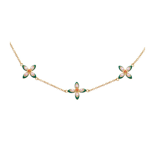Lucky Clover Choker Necklace Emerald Enamel, Blush Pink & Gold