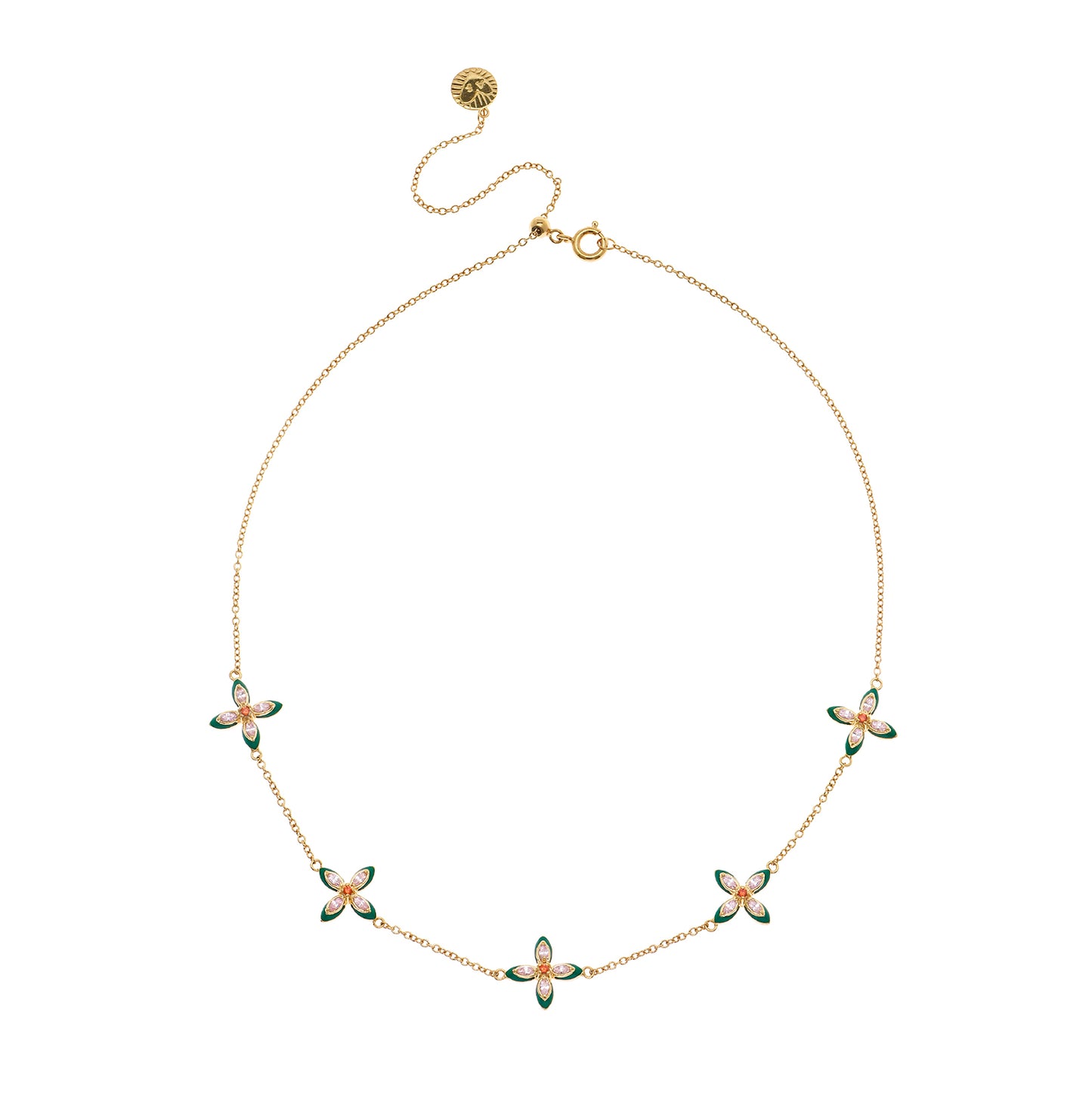 Lucky Clover Choker Necklace Emerald Enamel, Blush Pink & Gold