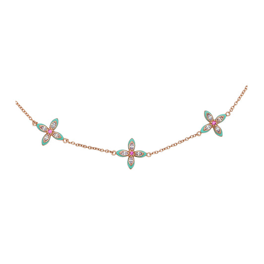 Lucky Clover Choker Necklace Turquoise Enamel, Lilac & Rose Gold