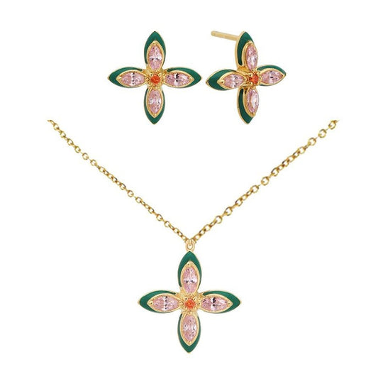 Gold-tone jewelry set featuring a necklace and matching stud earrings with a lucky four leaf clover design in green and pink enamel.