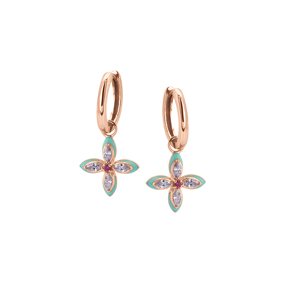 Lucky Clover Hoop Earrings, Turquoise Enamel, Lilac & Rose Gold