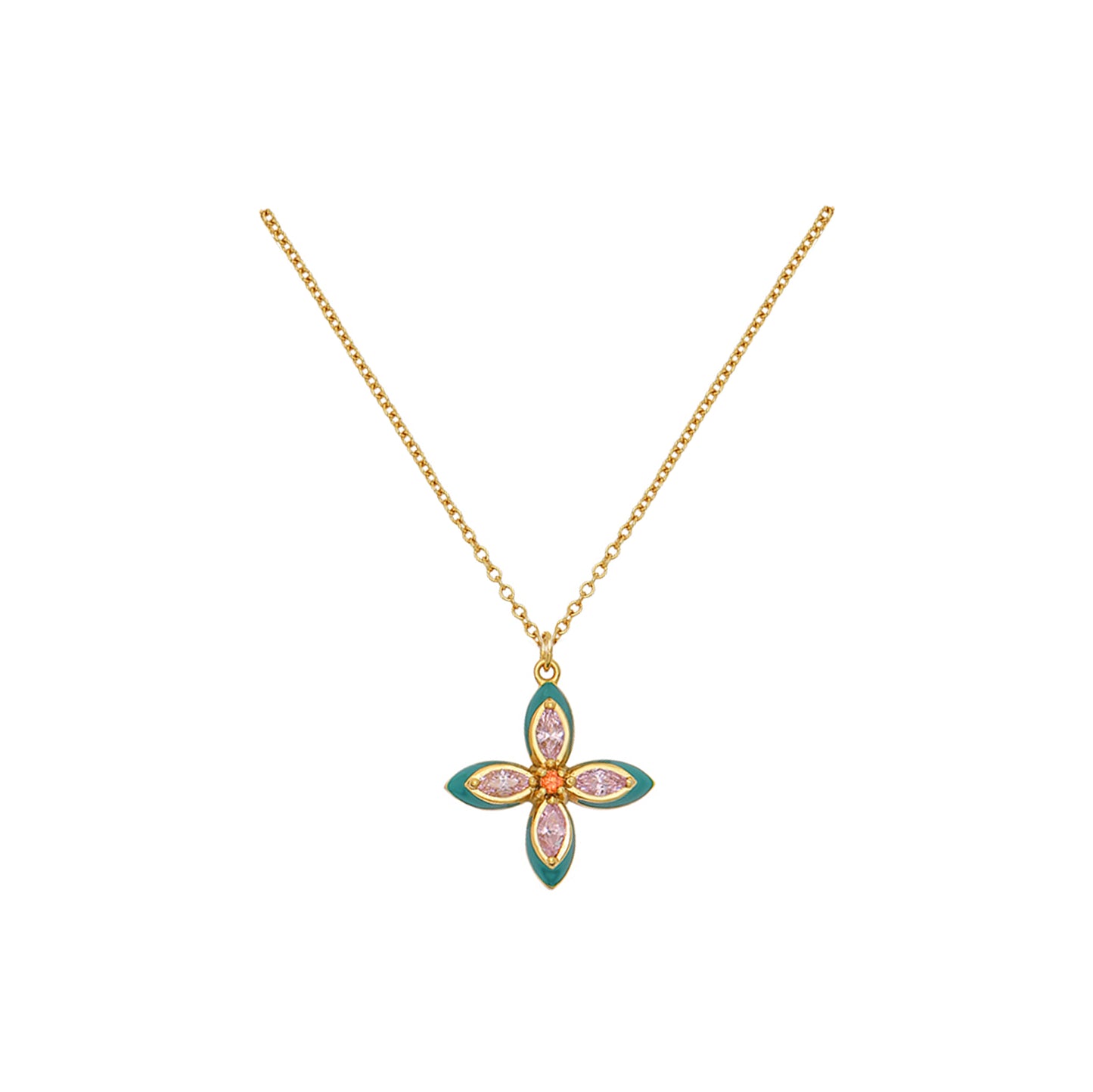 Lucky Clover Pendant Necklace Emerald Enamel, Blush Pink & Gold