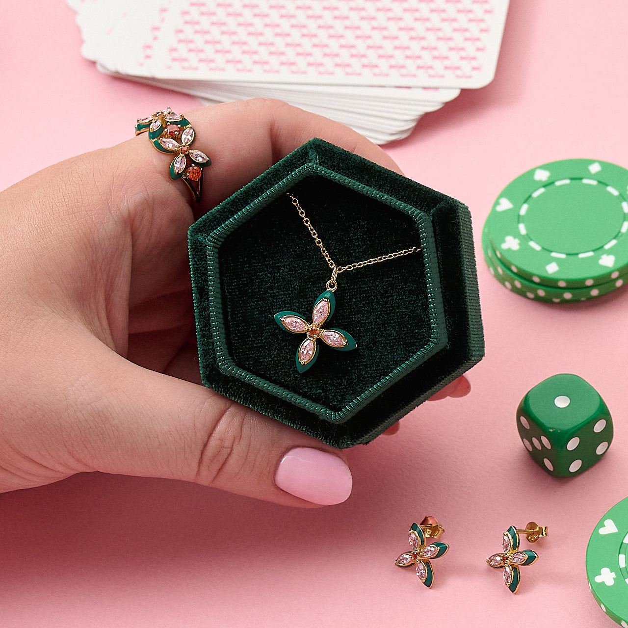 Lucky Clover Jewellery Gift Set Stud Earrings & Necklace Gold