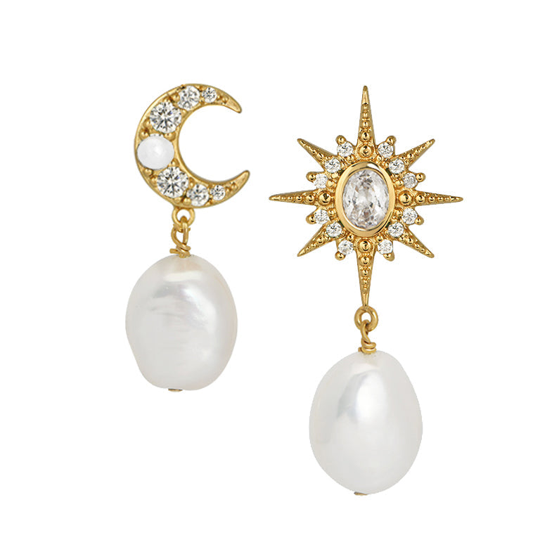 Luna Moon & Star gold plated sterling silver earrings with baroque pearls and cubic zirconia studs