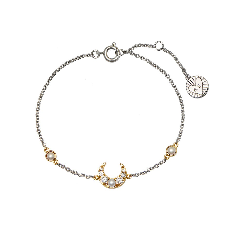 Luna Pearl Moon Chain Bracelet silver and gold with faux pearl and cubic zirconia on delicate two-tone chain