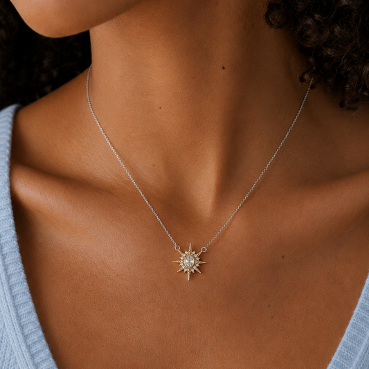 Necklace with a star burst North Star shaped pendant silver and gold details