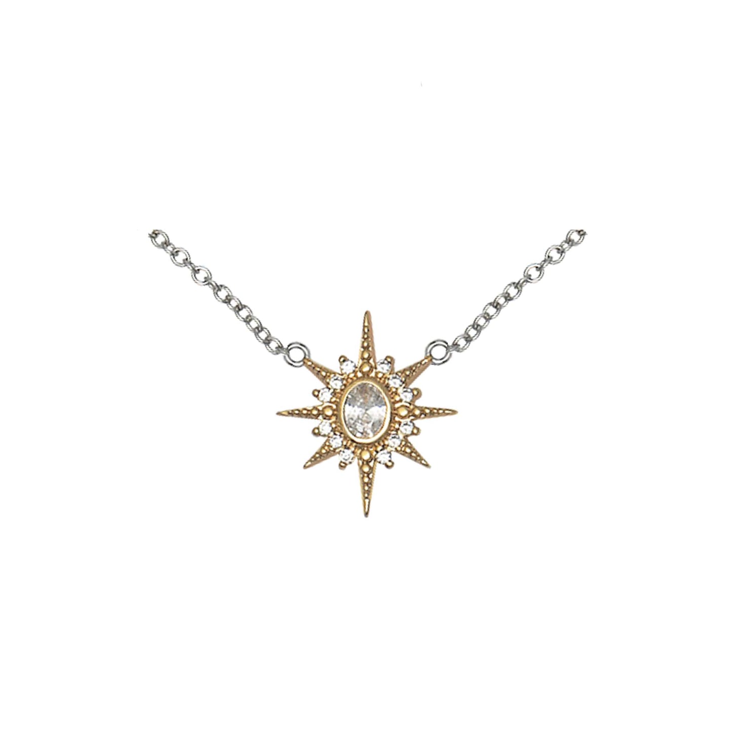 Luna North Star Necklace with clear cubic zirconia on silver chain and 18k gold star detail