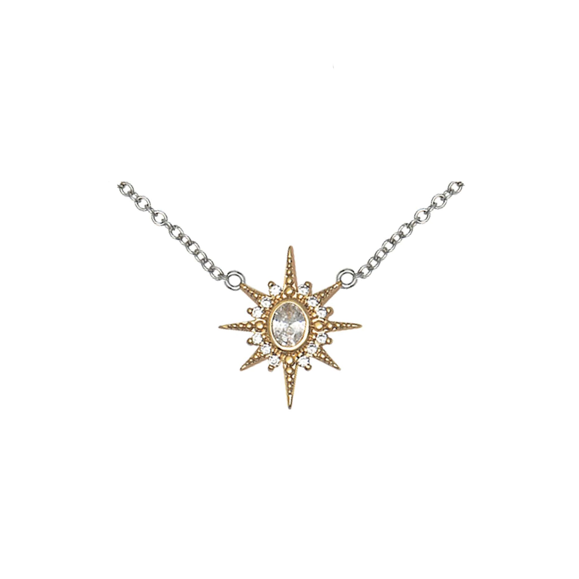 Luna North Star Necklace with clear cubic zirconia on silver chain and 18k gold star detail