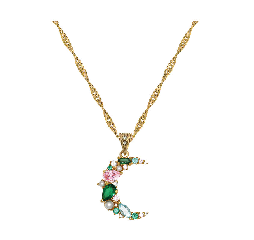 Celeste Cluster Moon Pendant Necklace Blush Pink, Emerald Green & Gold