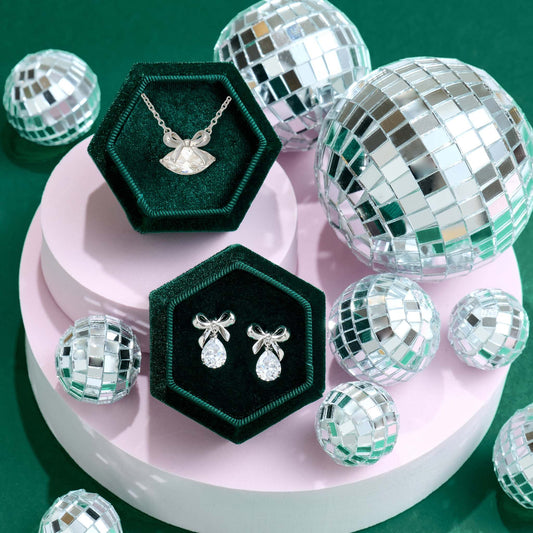 Amelia Bow Earrings and necklace silver jewellery gift set with disco ball decor