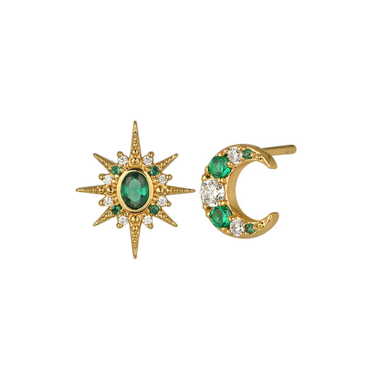 Luna Moon & Star Stud Earrings Emerald Green & Gold