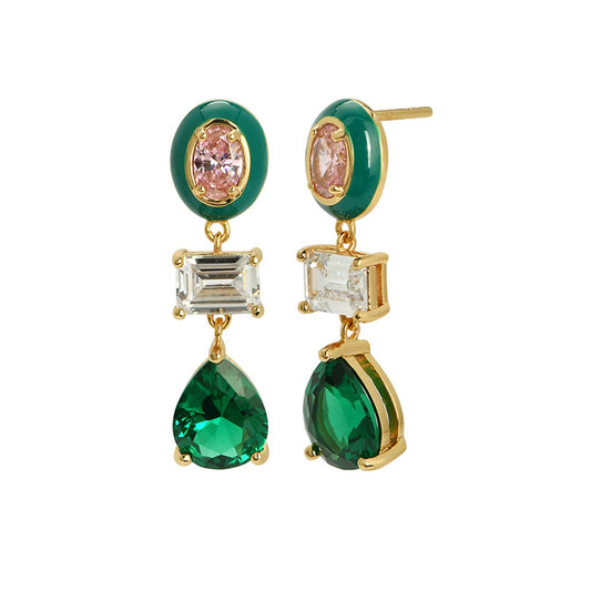 Frida Enamel Drop Earrings, Pink, Green & Gold