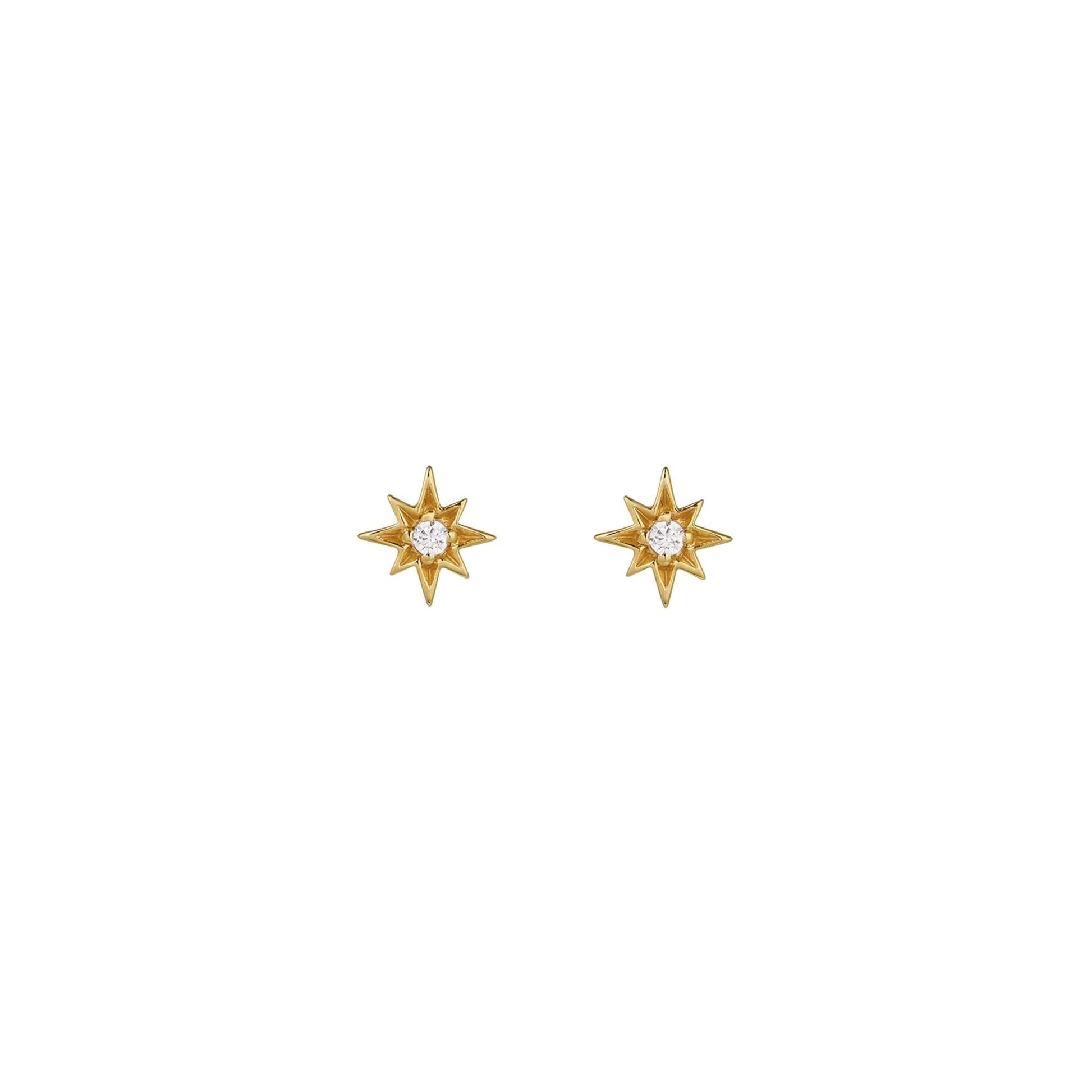 Ziggy Micro North Star Earrings clear cubic zirconia gold plated sterling silver studs in vintage velvet box