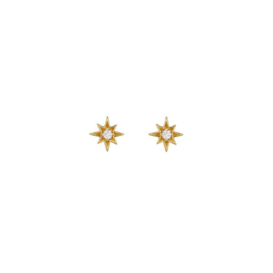 Ziggy Micro North Star Earrings clear cubic zirconia gold plated sterling silver studs in vintage velvet box