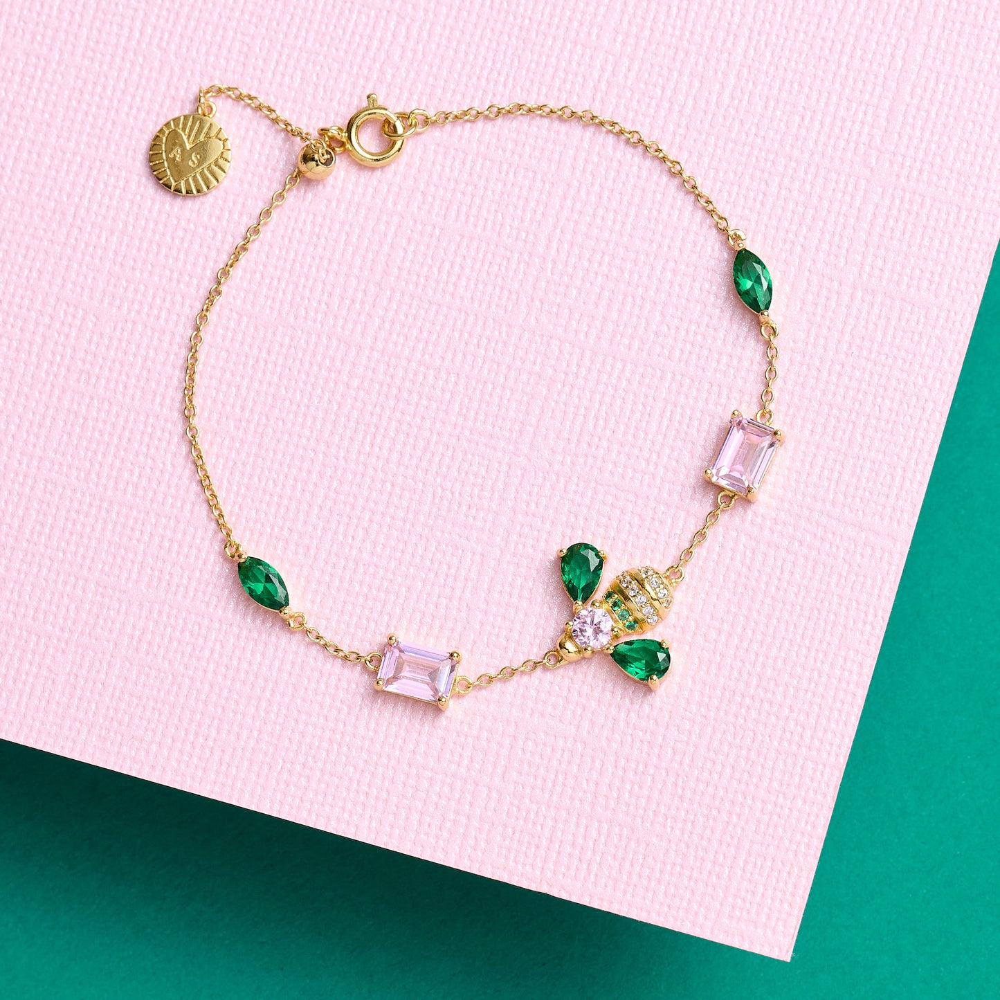 Beatrice Jewelled Bee Bracelet Emerald, Blush Pink & Gold