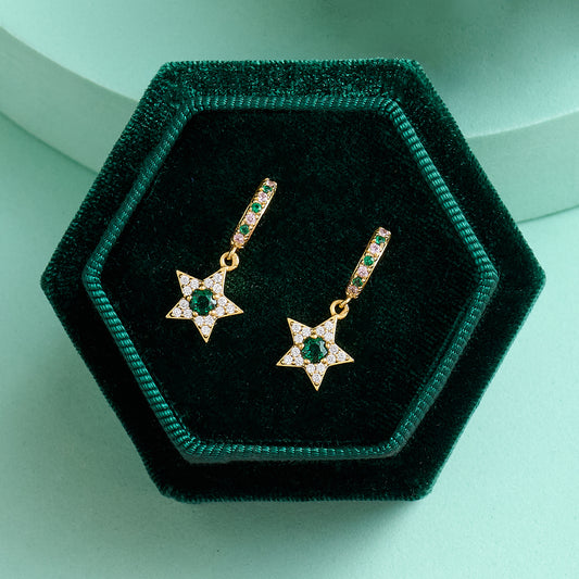 Celeste Mini Star Huggie Hoop Earrings Blush Pink, Emerald Green & Gold